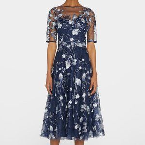 NWT Teri Jon Floral-Embroidered Tulle Cocktail Dress